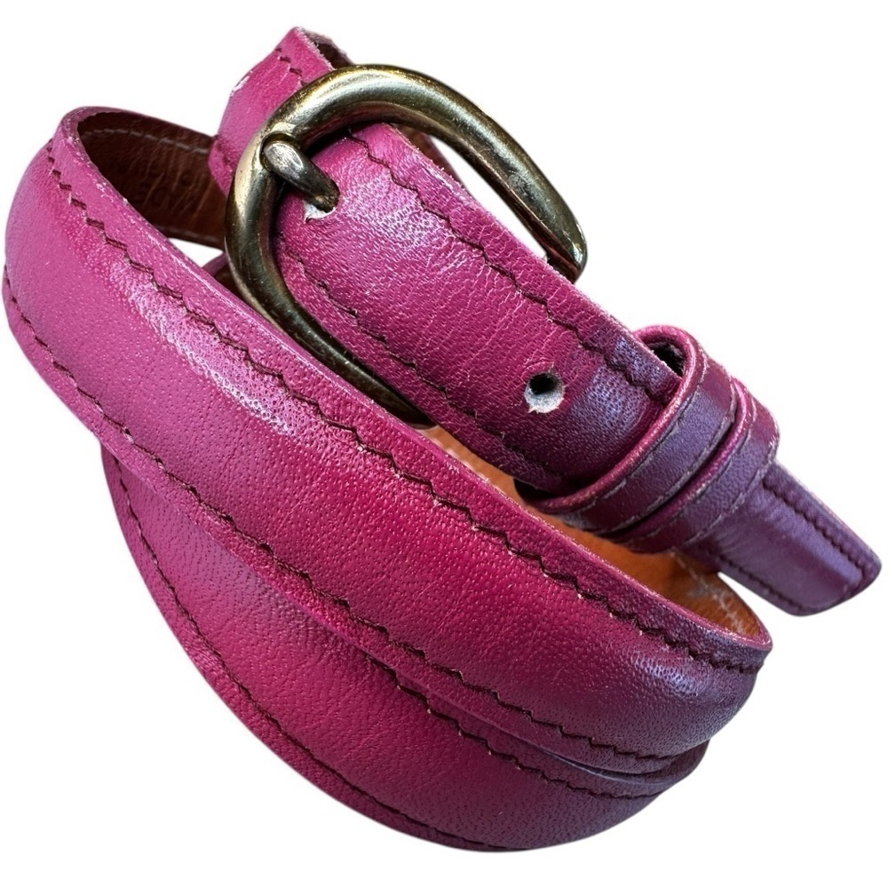 Vintage Genuine Leather Deep Pink Rose Skinny Belt Solid Brass Buckle